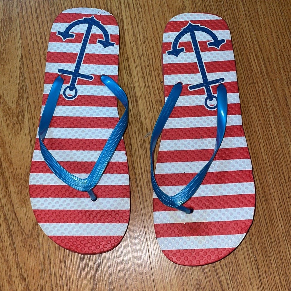 Women’s nautical anchor red white and blue striped flip flop sandals size US 7-8 - Picture 3 of 5